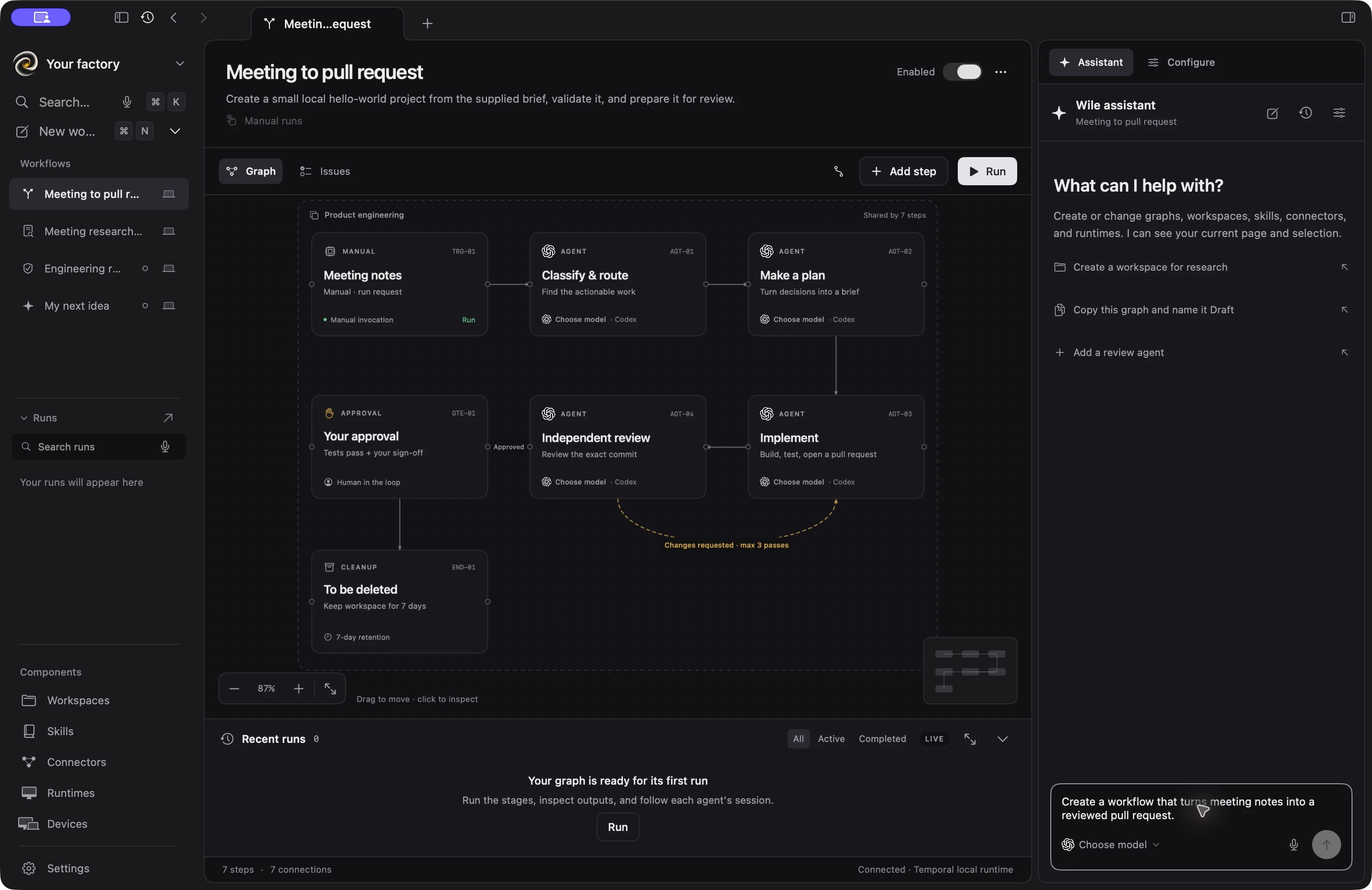 Wile workflow canvas with the right-side assistant and an unsent request to create a meeting-notes workflow