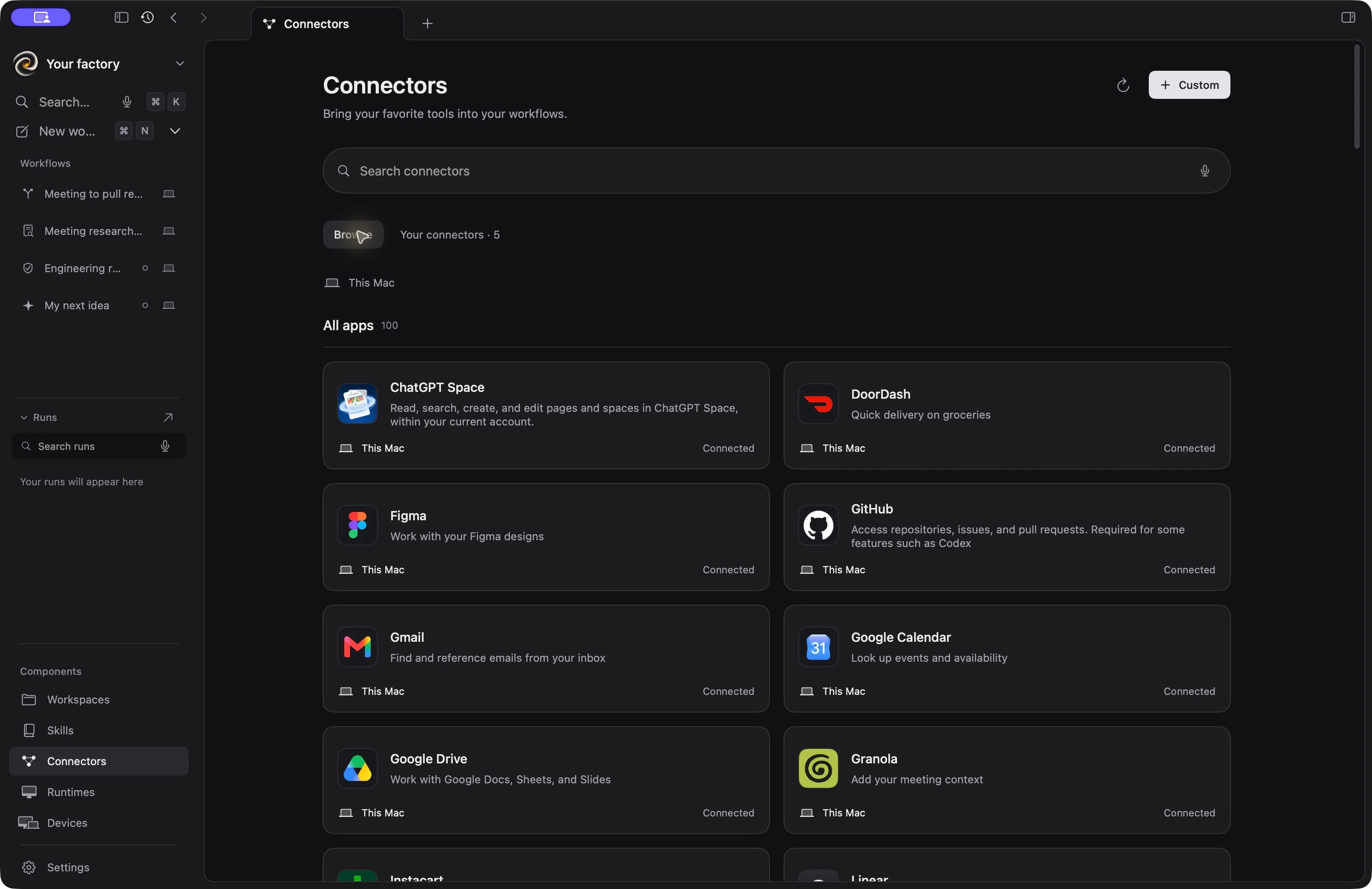 Wile’s live Codex app catalog, listing apps such as Figma, Gmail, and Google Drive