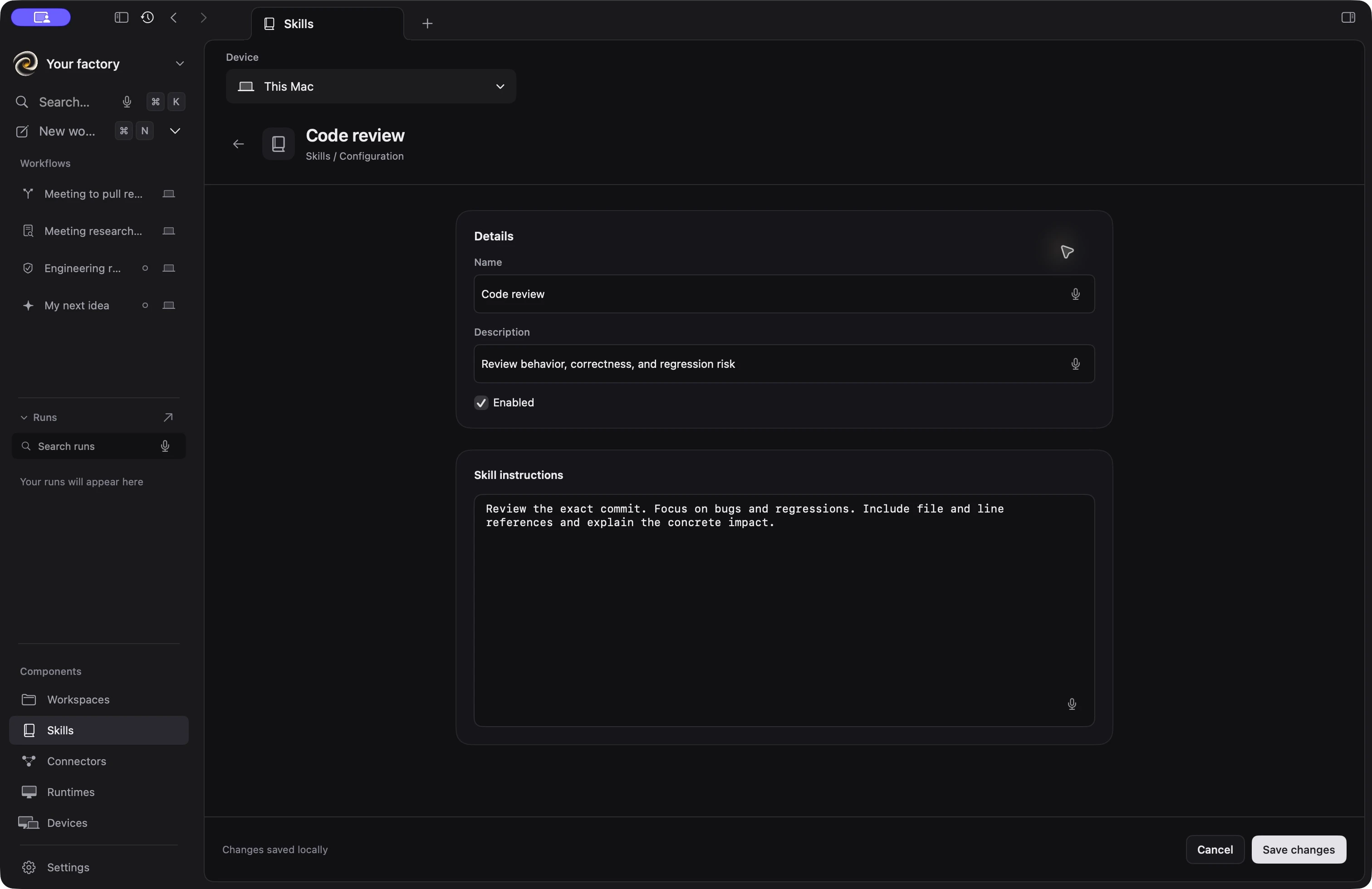 Wile skill editor showing readable code review instructions